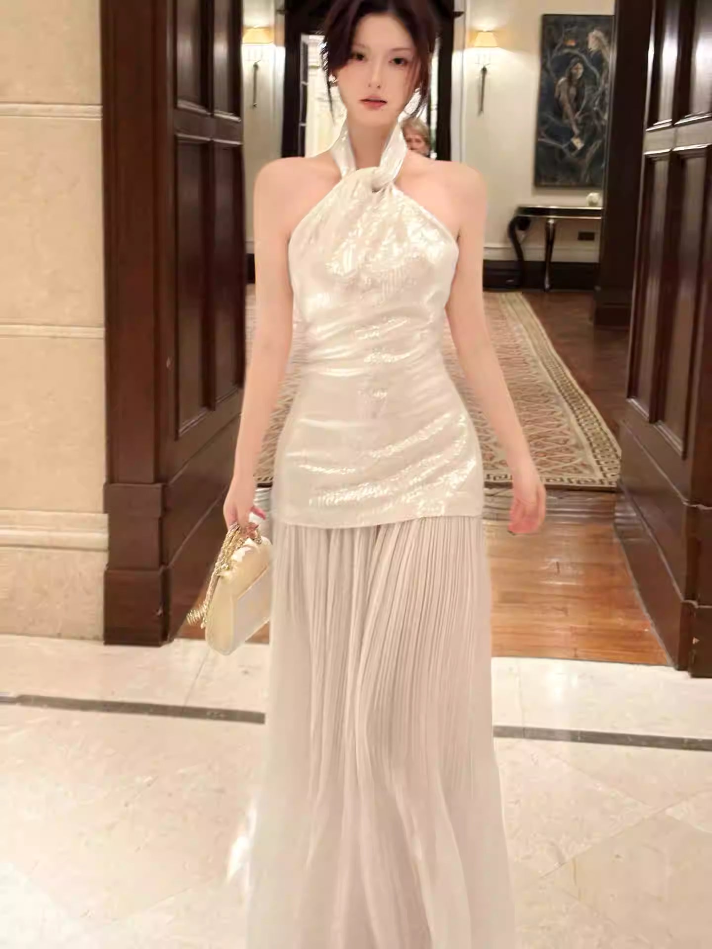 Elegant Mermaid Halter Ivory Ankle Length Prom Dresses 17th Nigh Party Birthday Outfits AB2484