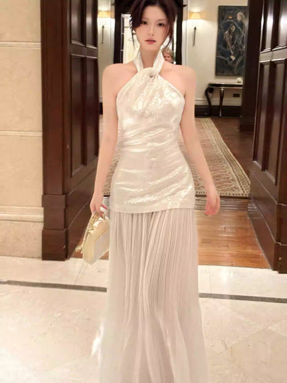 Elegant Mermaid Halter Ivory Ankle Length Prom Dresses 17th Nigh Party Birthday Outfits AB2484