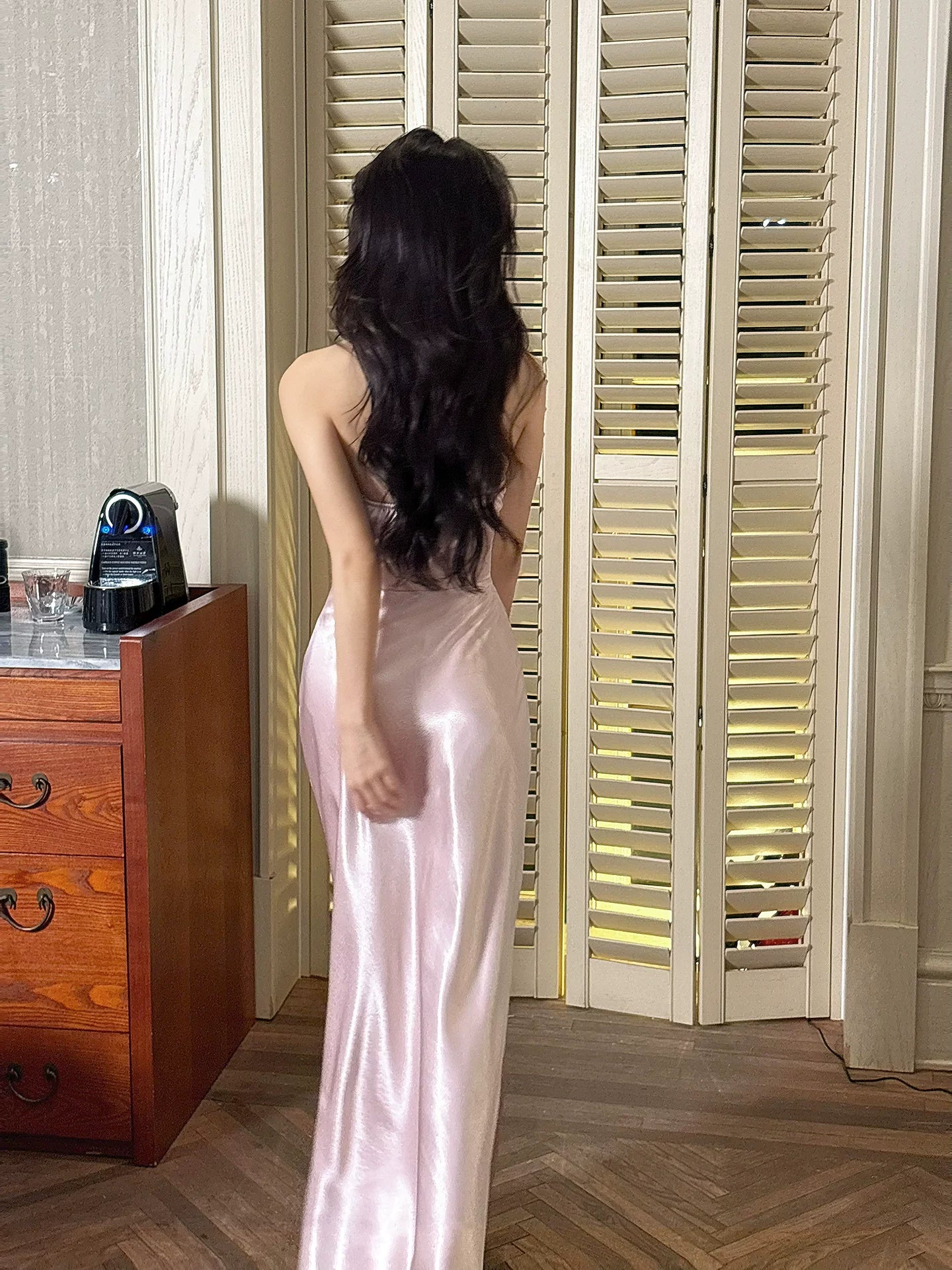 Chic Sheath Halter Pink Satin Ankle Length Prom Dresses Aesthetic Graduation 18th Birthday Outfits N098