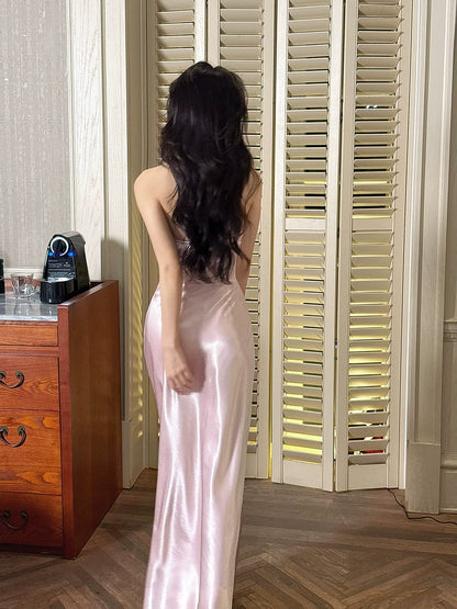 Chic Sheath Halter Pink Satin Ankle Length Prom Dresses Aesthetic Graduation 18th Birthday Outfits N098