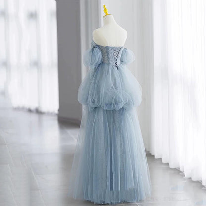 Modest Ball Gown Off The Shoulder Dusty Blue Tulle Prom Dresses Inspiration Long Party Night Evening Dress 20th Birthday Outfits AB2331
