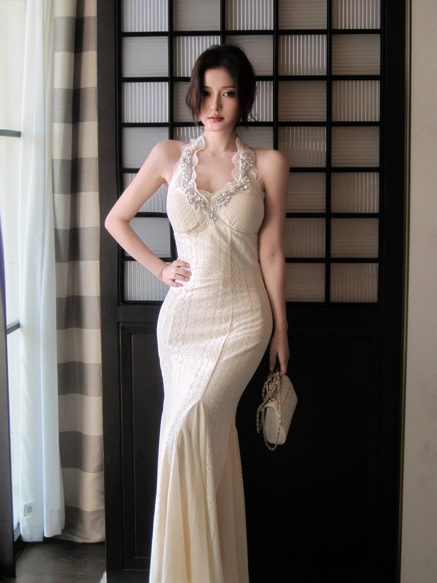 Modest Mermaid Halter Ivory Lace Prom Dresses Wedding Guest Gown 18th Nigh Party Birthday Outfits AB2424