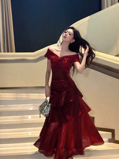Elegant Mermaid Off The Shoulder Burgundy Long Prom Dresses 16th Nigh Party Birthday Outfits AB2460