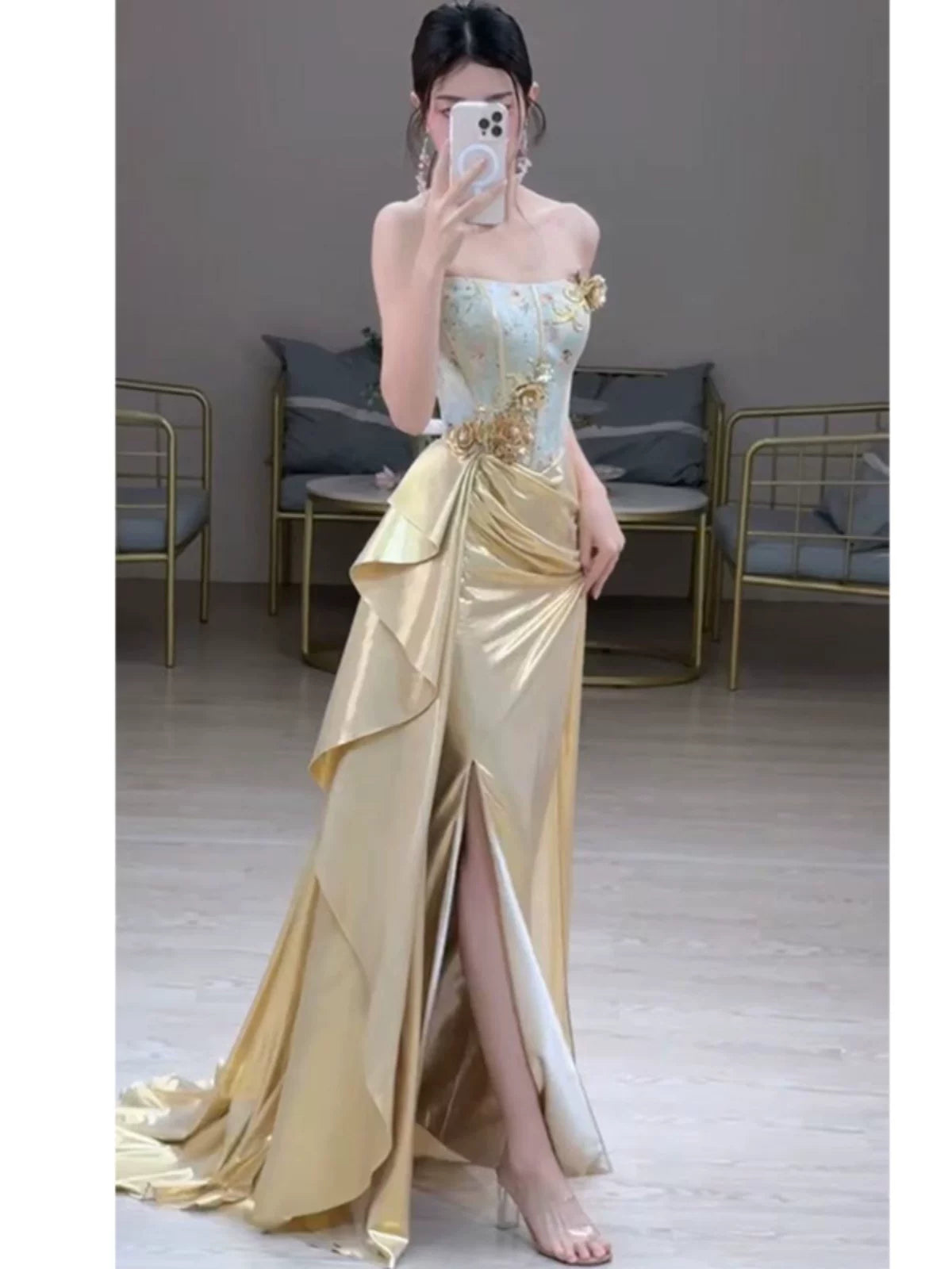 Modest Mermaid Strapless Gold With Slit Long Prom Dress Fashion Aesthetic High School Formal Dresses Party Outfits Prom Gown AB2235