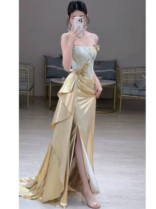 Modest Mermaid Strapless Gold With Slit Long Prom Dress Fashion Aesthetic High School Formal Dresses Party Outfits Prom Gown AB2235