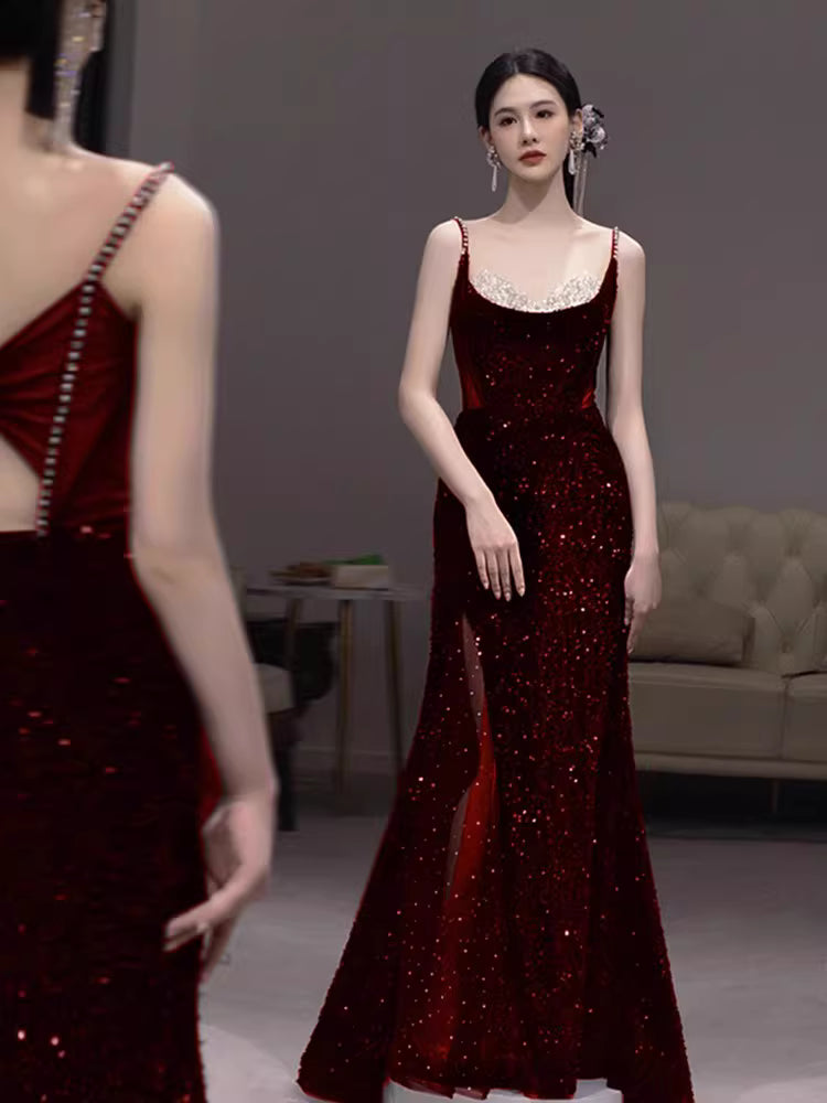 Glamour Mermaid Spaghetti Straps Burgundy Sequin Long Prom Dresses Party Dress 20th Birthday Outfits Prom Gowns AB2245