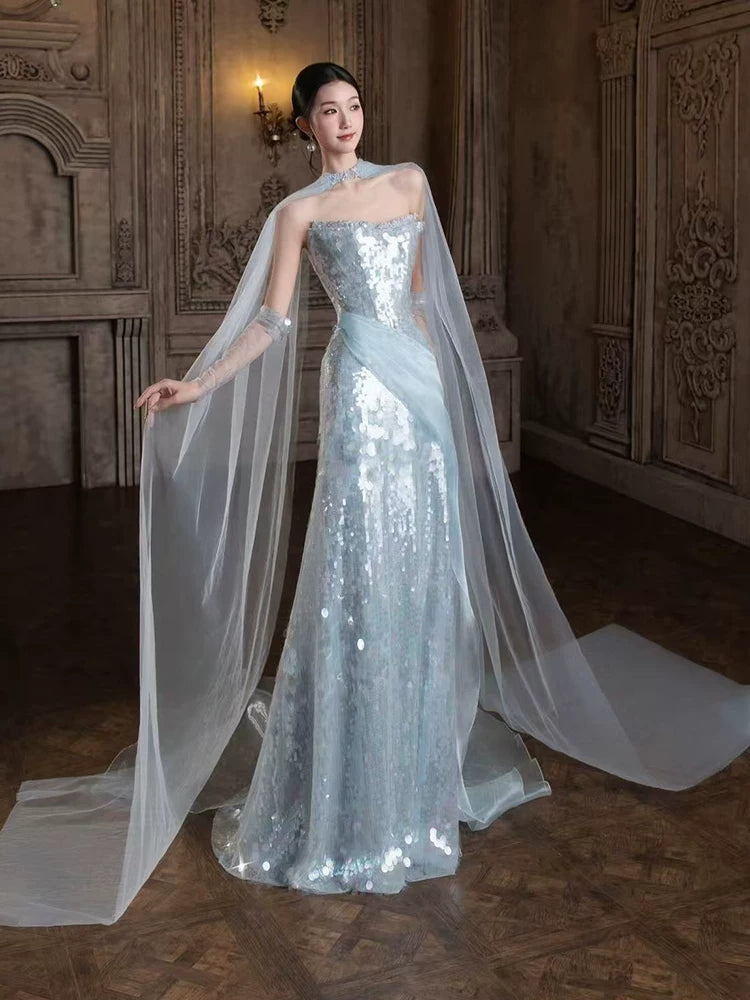 Sparkly Mermaid Strapless Light Sky Blue Sequins Prom Dresses Inspiration Long Party Night Evening Gowns 19th Birthday Outfits AB2262