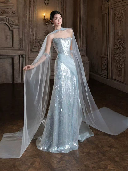 Sparkly Mermaid Strapless Light Sky Blue Sequins Prom Dresses Inspiration Long Party Night Evening Gowns 19th Birthday Outfits AB2262