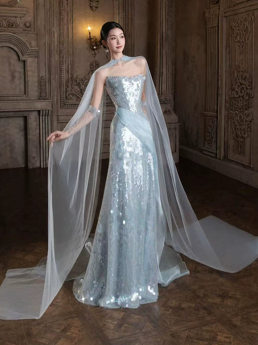 Sparkly Mermaid Strapless Light Sky Blue Sequins Prom Dresses Inspiration Long Party Night Evening Gowns 19th Birthday Outfits AB2262