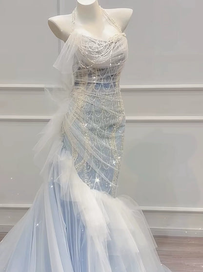 Modest Mermaid Off The Shoulder Tulle Blue With Pearls Prom Dresses Inspiration Long Party Evening Dress 21st Birthday Outfits AB2289