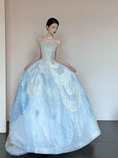 Unique Ball Gown Strapless Blue Prom Dresses Inspiration Long Party Night Gowns 20th Birthday Outfits AB2241