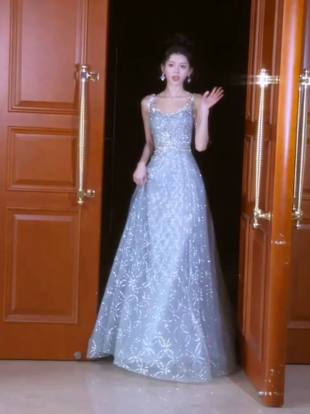 Beautiful Ball Gown Square Neck Blue Long Sequin Prom Dresses Party Dress 16th Birthday Outfits Graduation Dress AB2242