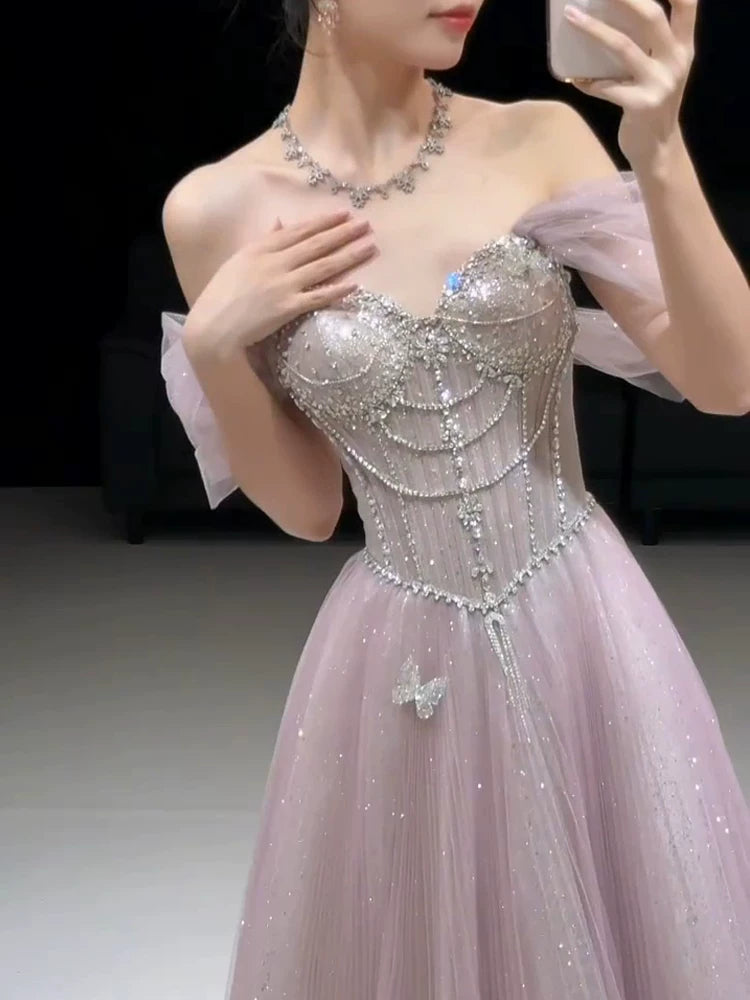 Sparkly A line Strapless Pink Sequins Prom Dresses Inspiration Long Party Night Gowns 20th Birthday Outfits AB2253