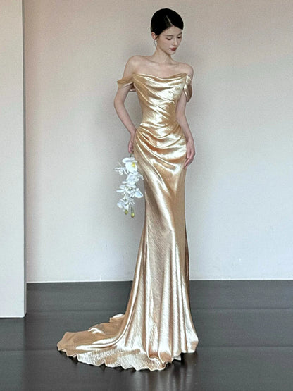 Unique Mermaid Off The Shoulder Gold Long Sleeves Prom Dresses Inspiration Party Night Gowns 20th Birthday Outfits AB2254