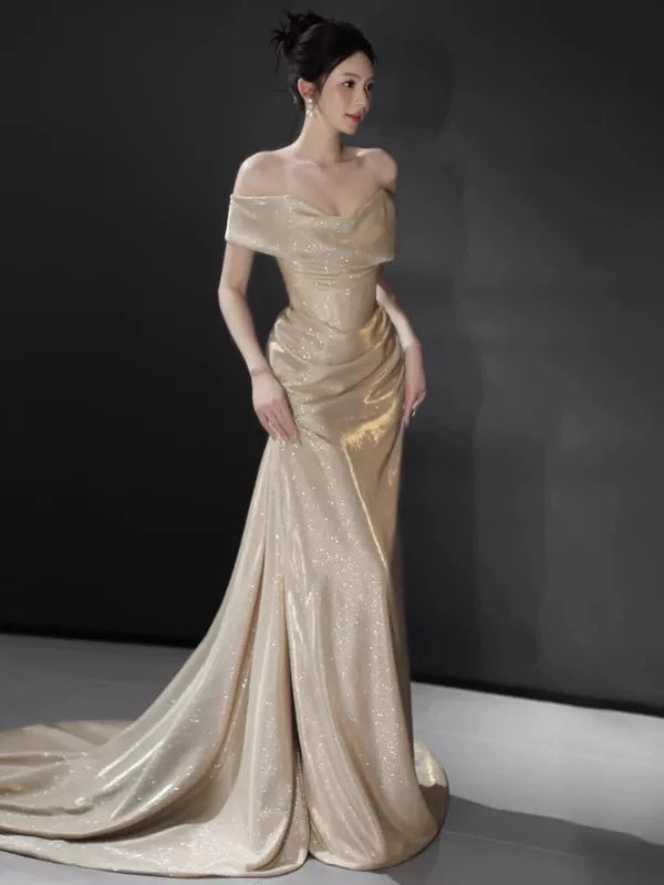 Sexy Mermaid Off The Shoulder Champagne Long Sequins Prom Dresses Party Dress 16th Birthday Outfits Graduation Dress AB2244