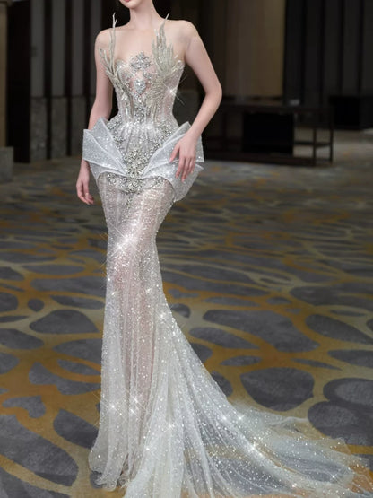 Modest Mermaid Scoop Neck Sequins With Beaded Silver Prom Dresses Inspiration Long Party Night Evening Dress 19th Birthday Outfits AB2275
