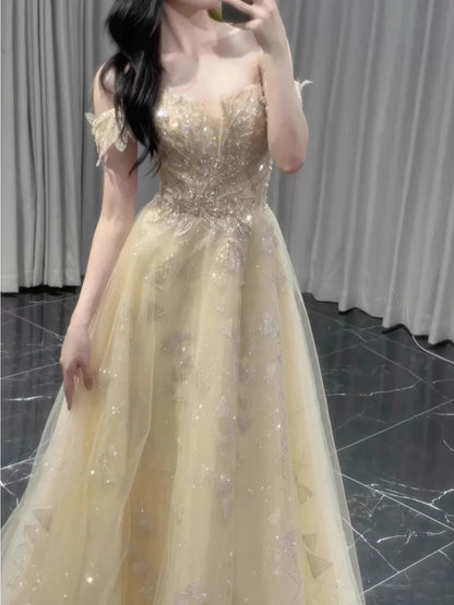 Unique A line Off The Shoulder Gold With Short Sleeves Prom Dresses Inspiration Party Night Gowns 20th Birthday Outfits AB2255