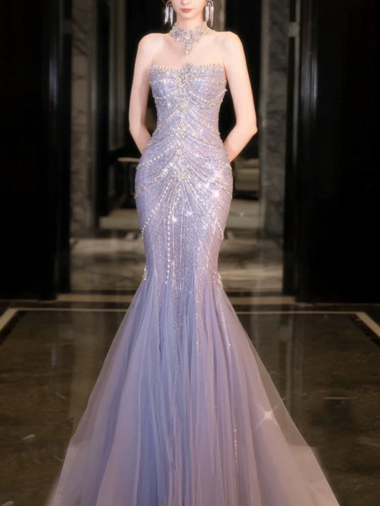 Modest Mermaid Strapless Lilac Sequins Prom Dresses Inspiration Long Party Evening Dress 21st Birthday Outfits AB2284