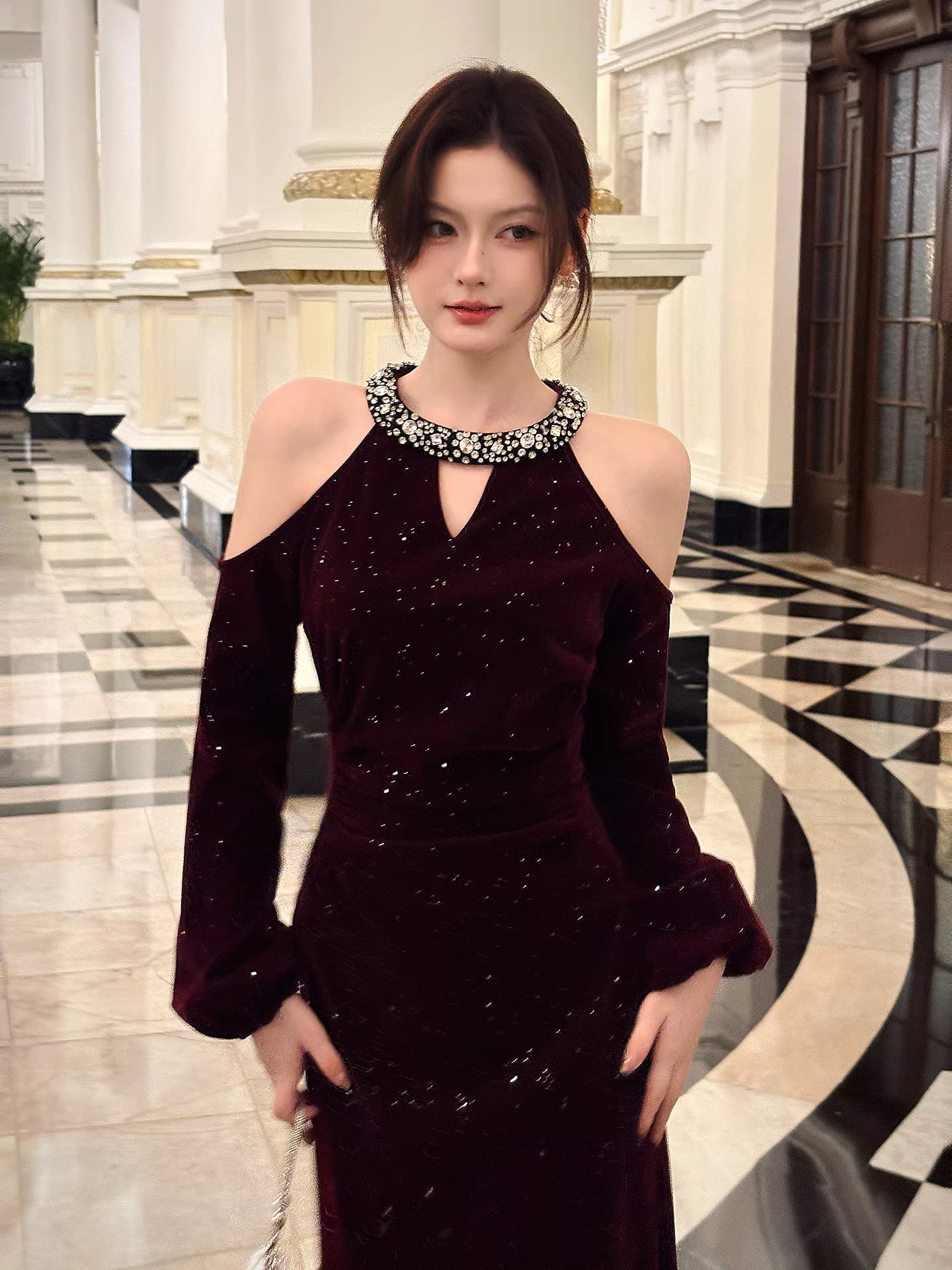 Sexy Mermaid Jewel Neck Burgundy Velvet Long Sleeves Ankle Length Prom Dresses Wedding Guest Dress 22th Birthday Outfits AB2499
