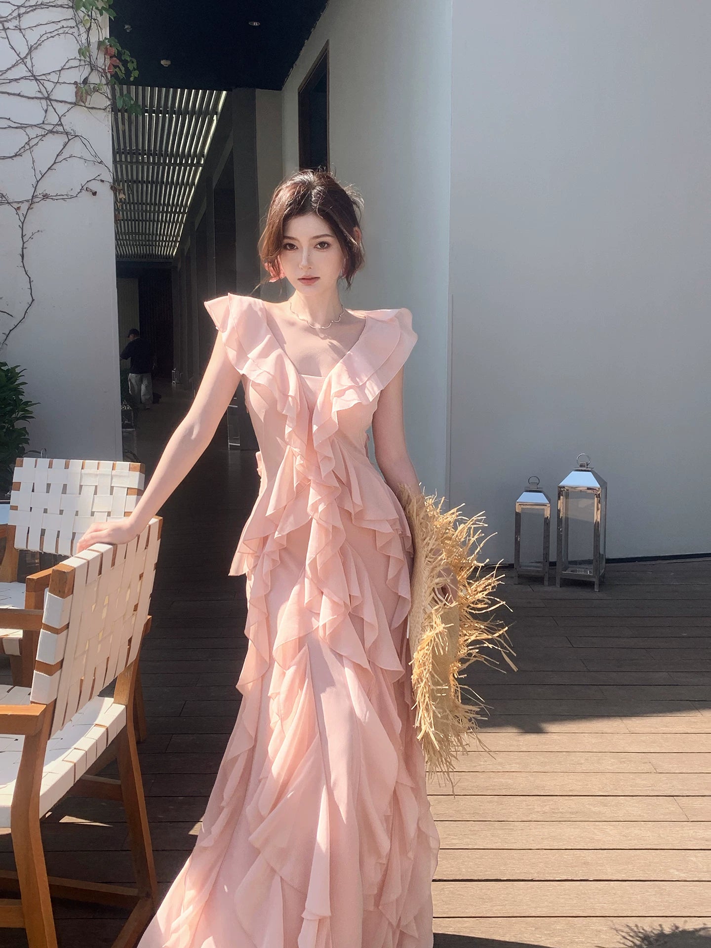 Simple A line V Neckline Chiffon Coral Pink Prom Dresses Long 16th Birthday Outfits AB2412