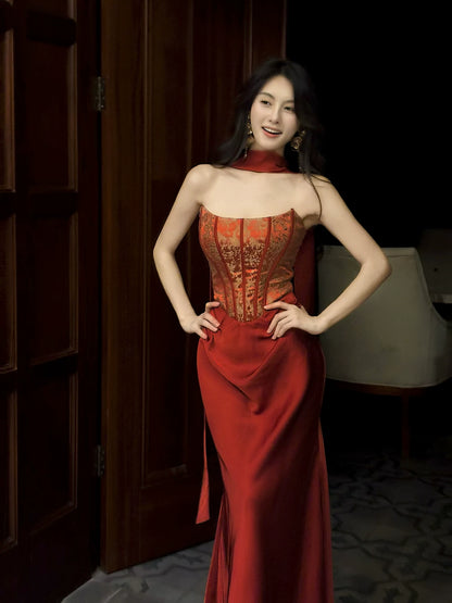 Classy Mermaid Spaghetti Strap Burgundy Satin Ankle Length Pleated Prom Dress Aesthetic Graduation Birthday Outfits N096