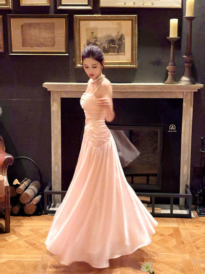 Elegant Mermaid Spaghetti Strap Pink Satin Long Pleated Prom Dress Aesthetic Long Graduation Birthday Holiday Outfits N083