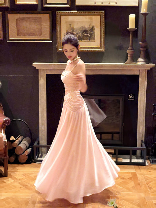 Elegant Mermaid Spaghetti Strap Pink Satin Long Pleated Prom Dress Aesthetic Long Graduation Birthday Holiday Outfits N083