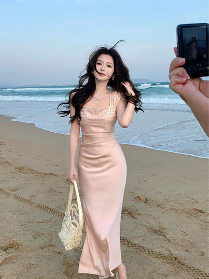 Elegant Mermaid Square Neck Satin Pink Ankle Length Prom Dresses 16th Nigh Party Birthday Outfits AB2421