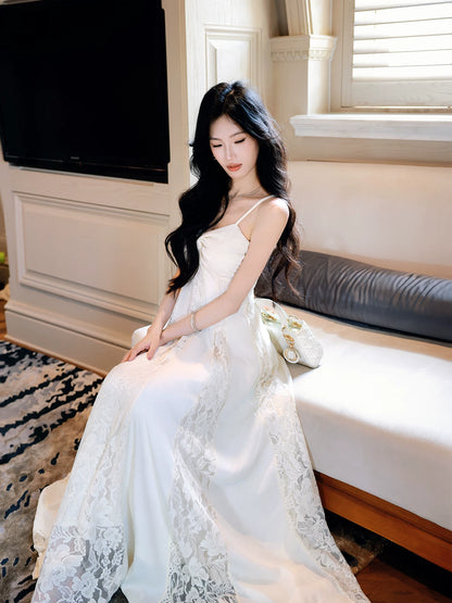 Elegant A Line Spaghetti Strap White Lace Long Pleated Prom Dress Aesthetic Graduation Birthday Outfits N093