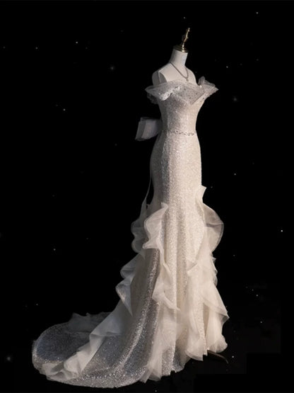 Sparkly Wedding Dresses Mermaid Off The Shoulder White Sequins Brides Dress For Brides Fitted Bridal Gown AB2335