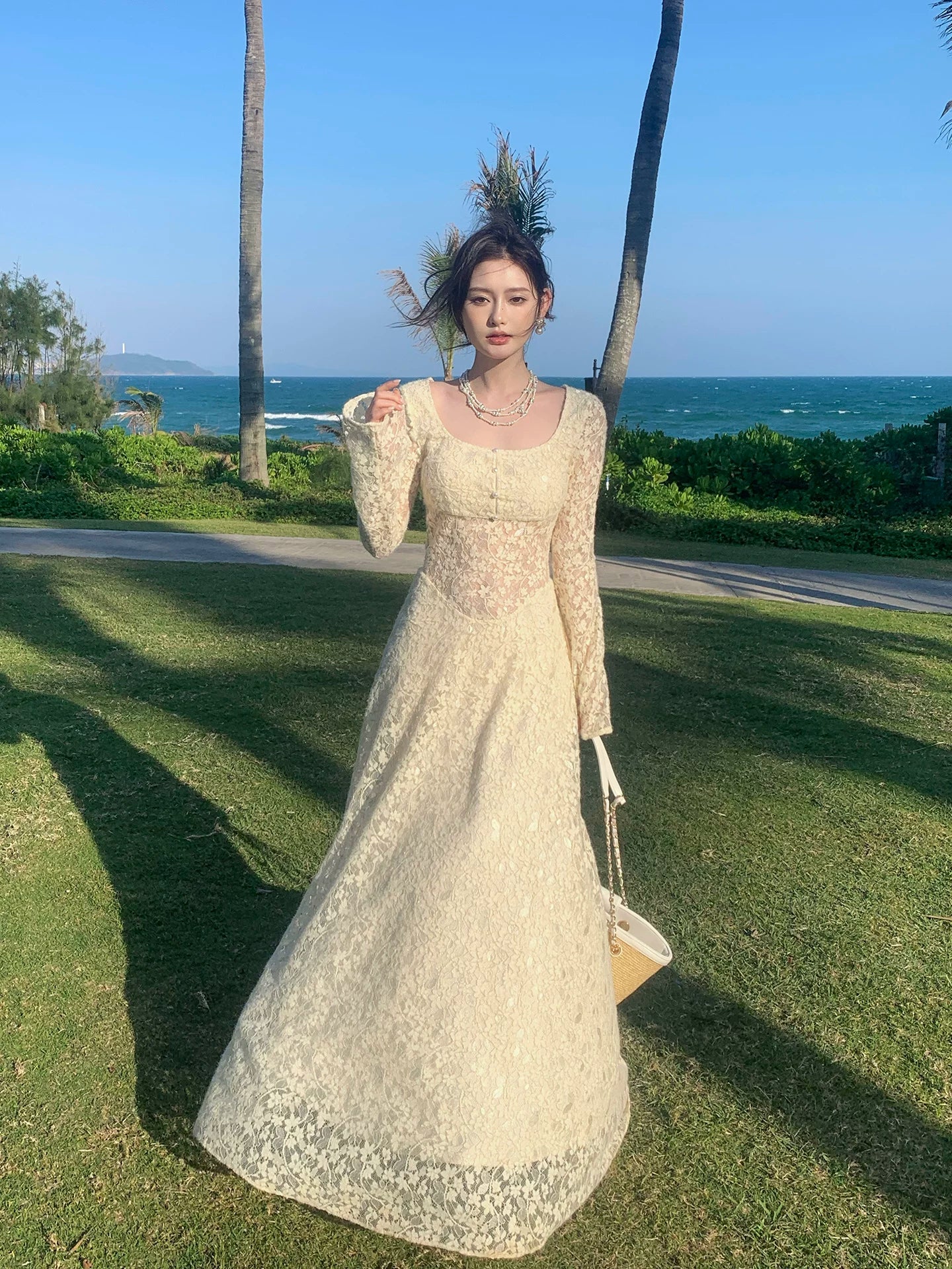 Elegant A line Square Neck White Lace Long Sleeves Prom Dresses 16th Nigh Party Birthday Outfits AB2467