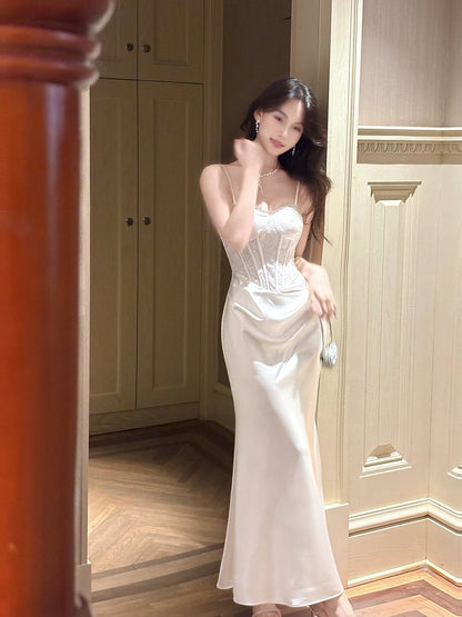 Elegant Mermaid Spaghetti Strap White Satin Long Pleated Prom Dress Aesthetic Graduation Evening Outfits N089
