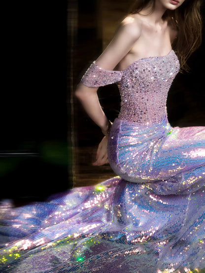 Elegant Mermaid Off The Shoulder Lilac Sequins Prom Dresses Inspiration Long Party Evening Dress 19th Birthday Outfits AB2305