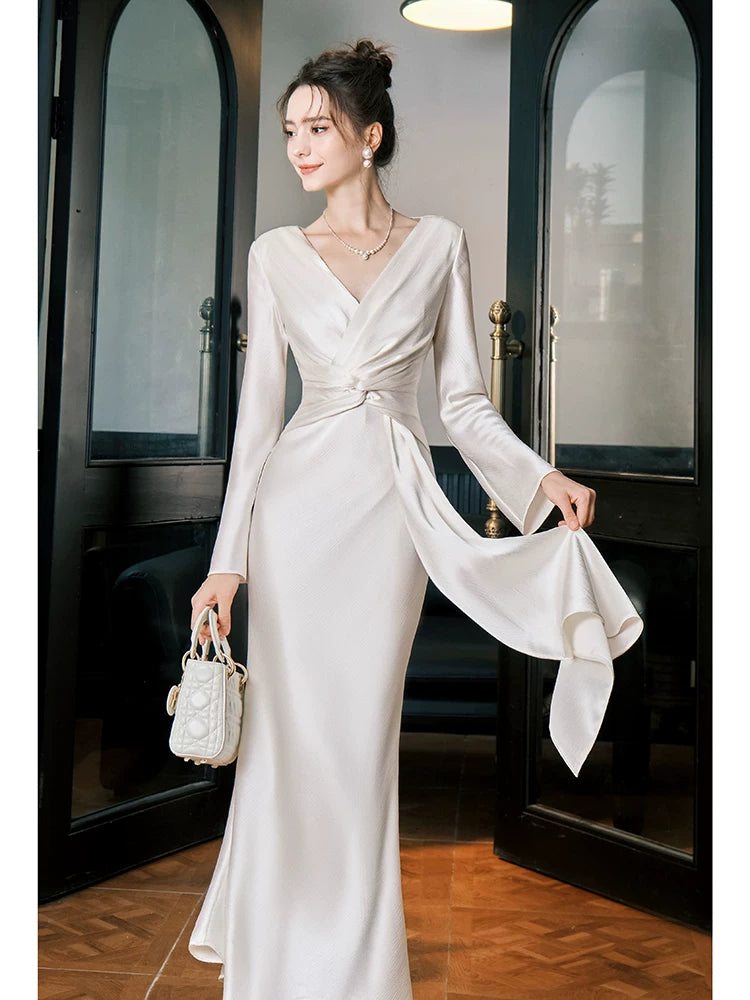 Sexy Mermaid V Neck Long Sleeves Ankle Length Prom Dresses Wedding Guest Dress 22th Birthday Outfits AB2511