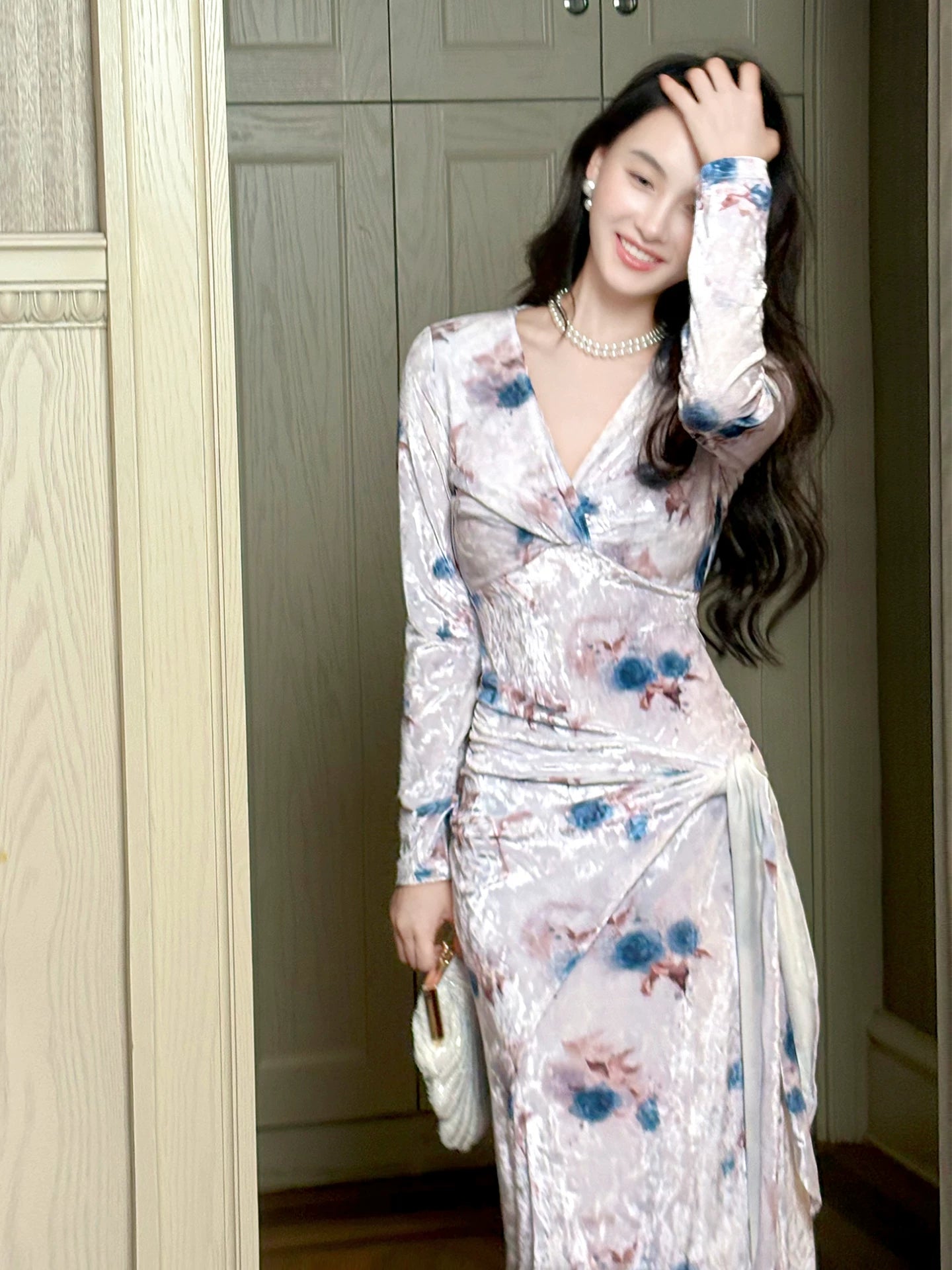 Elegant Sheath V Neck Long Sleeves Floral Lilac Bodycon Pleated Prom Dress Graduation Birthday Holiday Outfits N090