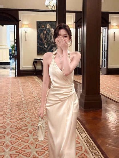 Modest Sheath Halter Ivory Satin Evening Dresses Wedding Guest Dress Nigh Dance 20th Birthday Outfits AB2500