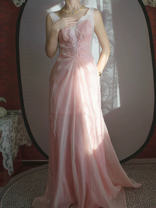 Vintage 1960s Mermaid V Neck Pink With Ruffles Lace Prom Dresses Inspiration Long Party Evening Dress 18th Birthday Outfits AB2379