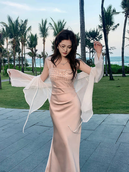 Elegant Mermaid Square Neck Satin Pink Ankle Length Prom Dresses 16th Nigh Party Birthday Outfits AB2421