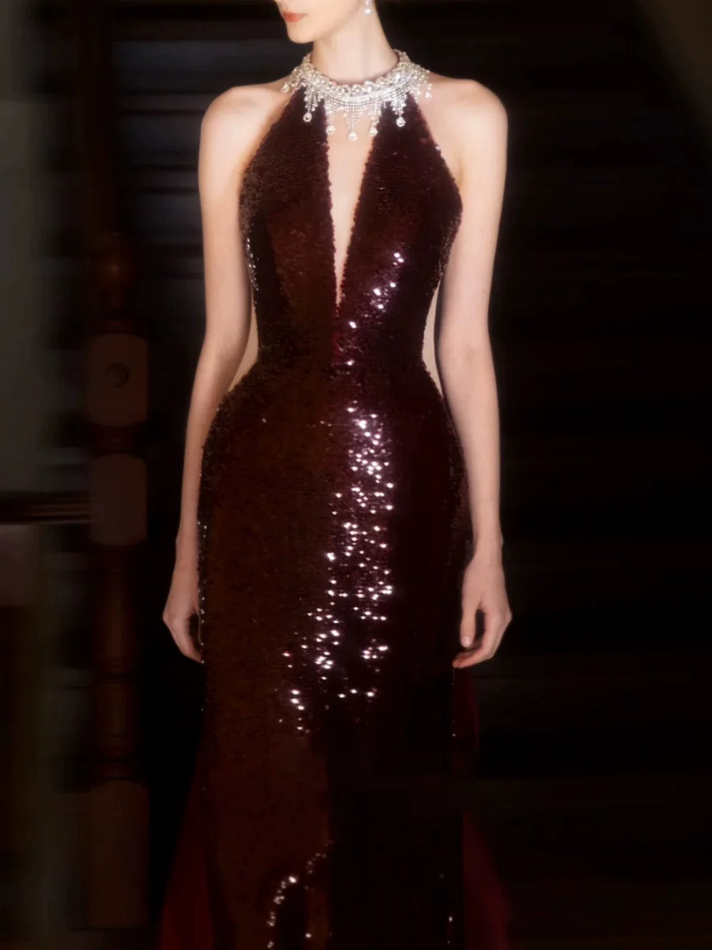Modest Mermaid High Neck Sequins Burgundy Prom Dresses Inspiration Long Party Evening Dress 21st Birthday Outfits AB2293