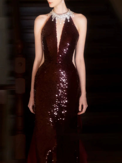 Modest Mermaid High Neck Sequins Burgundy Prom Dresses Inspiration Long Party Evening Dress 21st Birthday Outfits AB2293