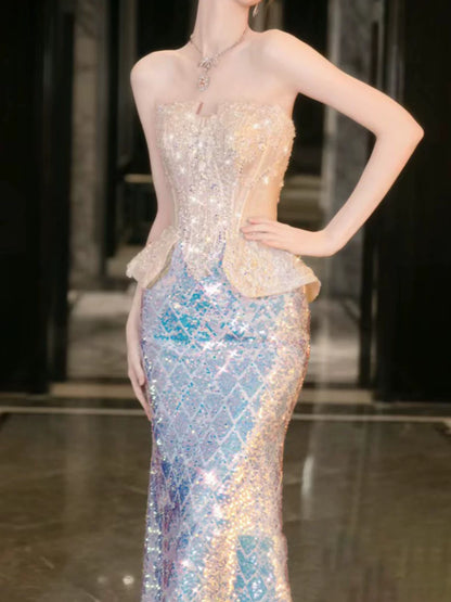 Modest Mermaid Strapless Sequins Champagne Prom Dresses Inspiration Long Party Evening Dress 21st Birthday Outfits AB2291