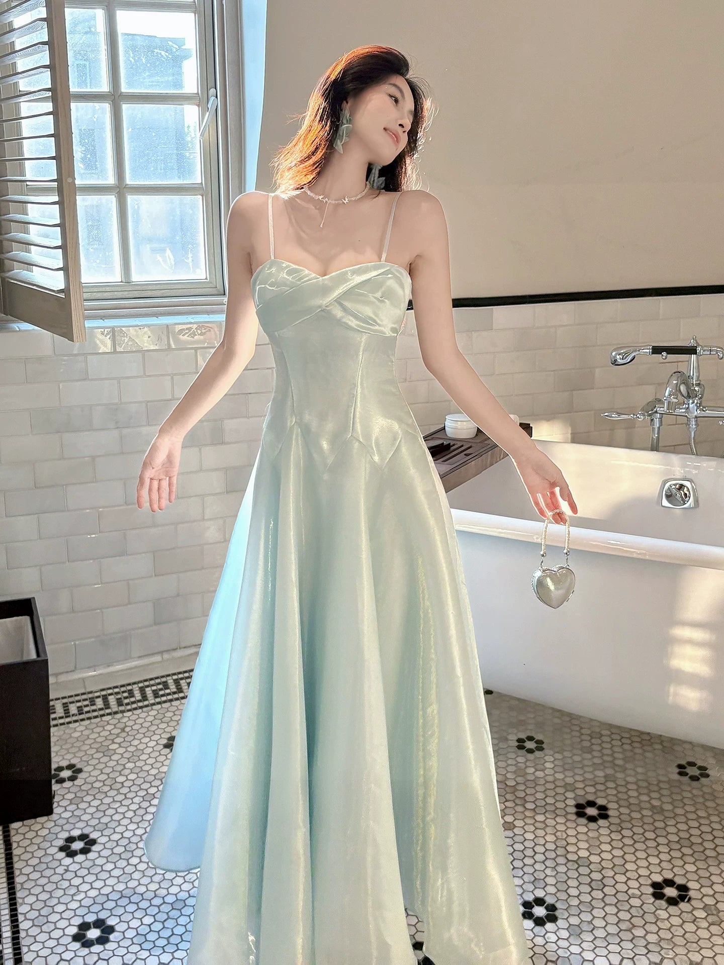Classy A Line Spaghetti Strap Ice Blue Ankle Length Pleated Prom Dress Aesthetic Graduation Birthday Outfits N095