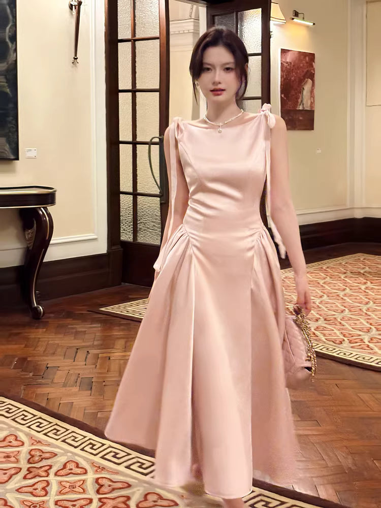 Simple A Line Scoop Neck Pink Satin Ankle Length Prom Dresses 17th Nigh Party Birthday Outfits AB2498