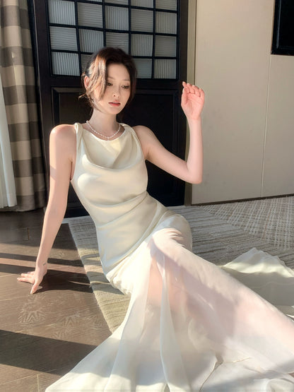 Elegant Mermaid Cowl Neck Satin Ankle Length Satin Prom Dresses Long 16th Nigh Party Birthday Outfits AB2414