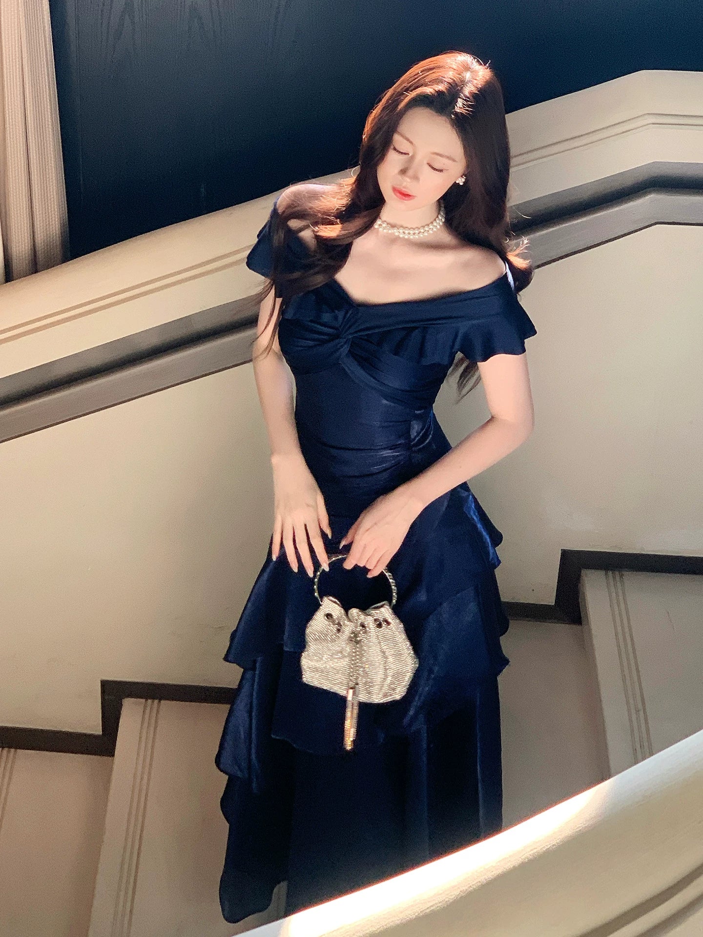 Elegant Mermaid Off The Shoulder Navy Blue Long Prom Dresses 16th Nigh Party Birthday Outfits AB2456