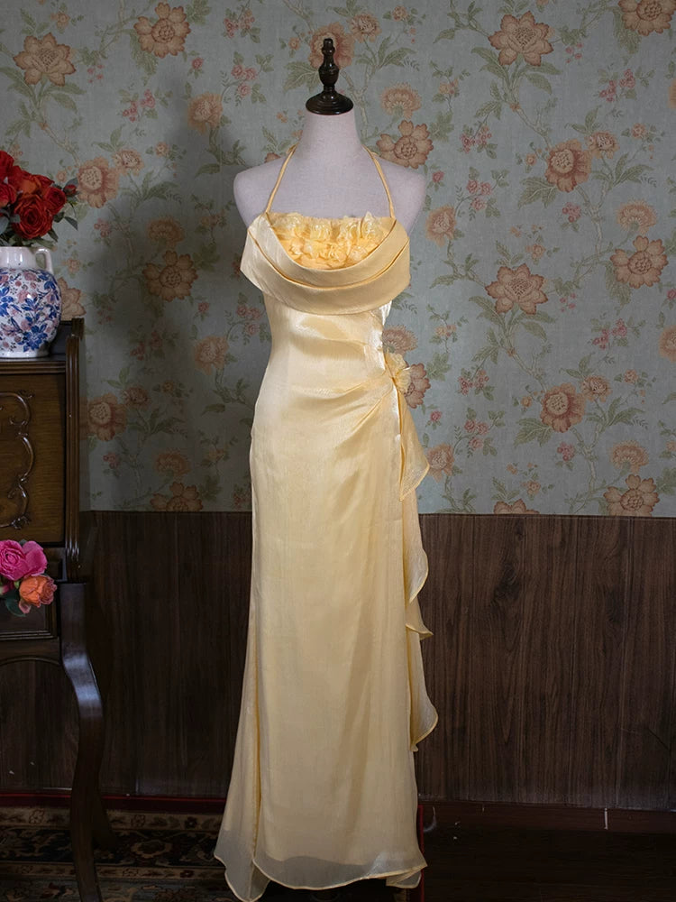 Vintage 90s A Line Halter Floral Neck Long Prom Dresses Inspiration Party Retro Evening Dress 21st Birthday Outfits AB2375