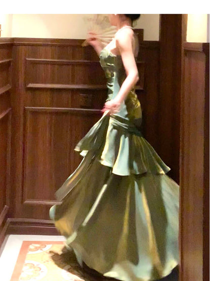 Modest Mermaid Spaghetti Straps Green Long Prom Dresses High School Teens Graduation Dance Dress 20th Birthday Outfits AB2501