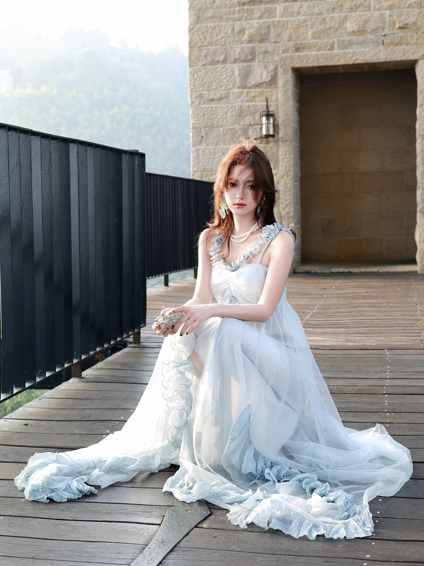 Modest A line Halter Light Sky Blue Chiffon Floor Length Prom Dresses 16th Nigh Party Birthday Outfits AB2417
