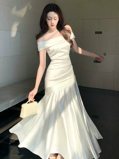 Elegant Mermaid Off The Shoulder White Long Prom Dresses 16th Nigh Party Birthday Outfits AB2452