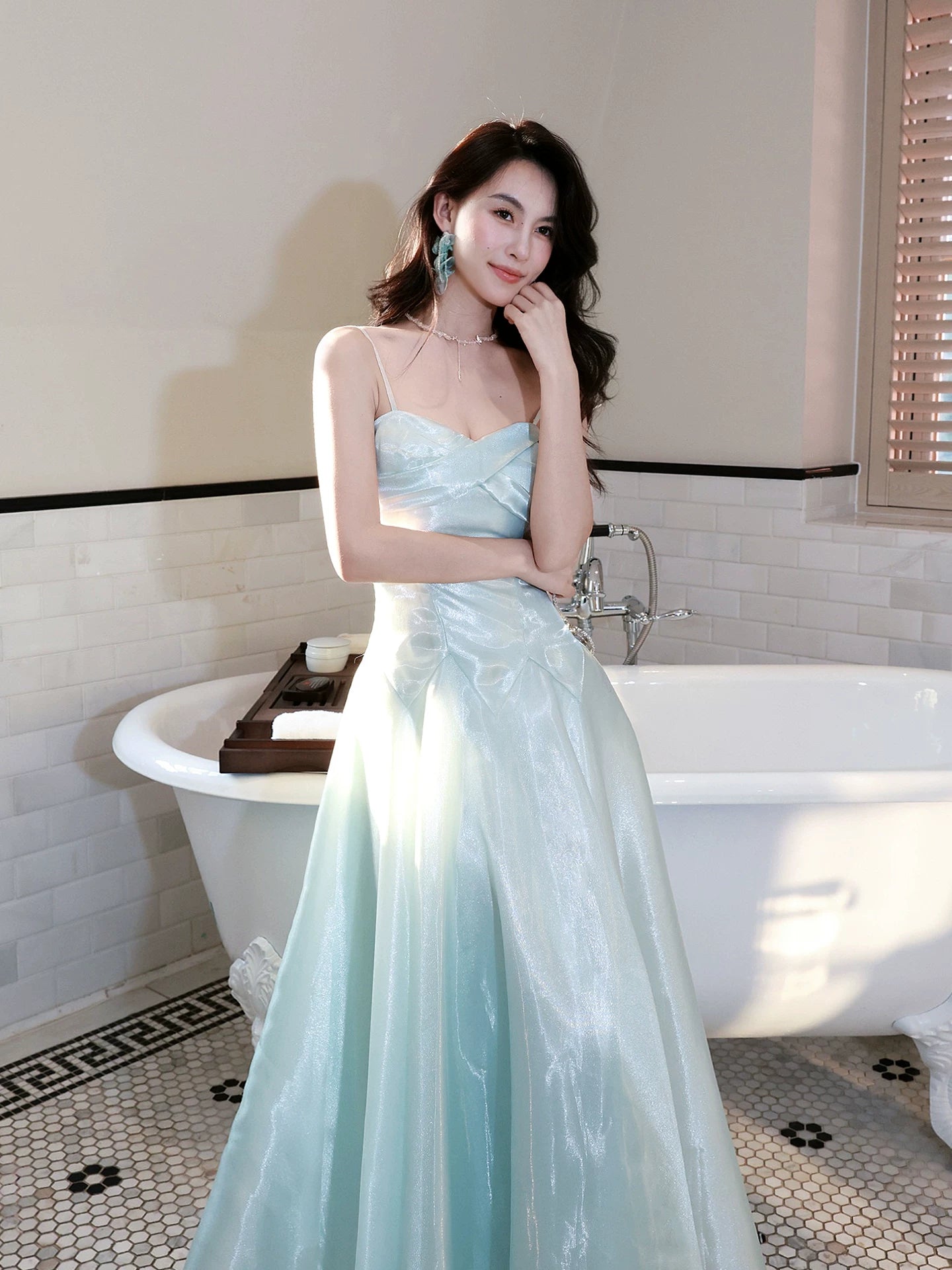 Classy A Line Spaghetti Strap Ice Blue Ankle Length Pleated Prom Dress Aesthetic Graduation Birthday Outfits N095